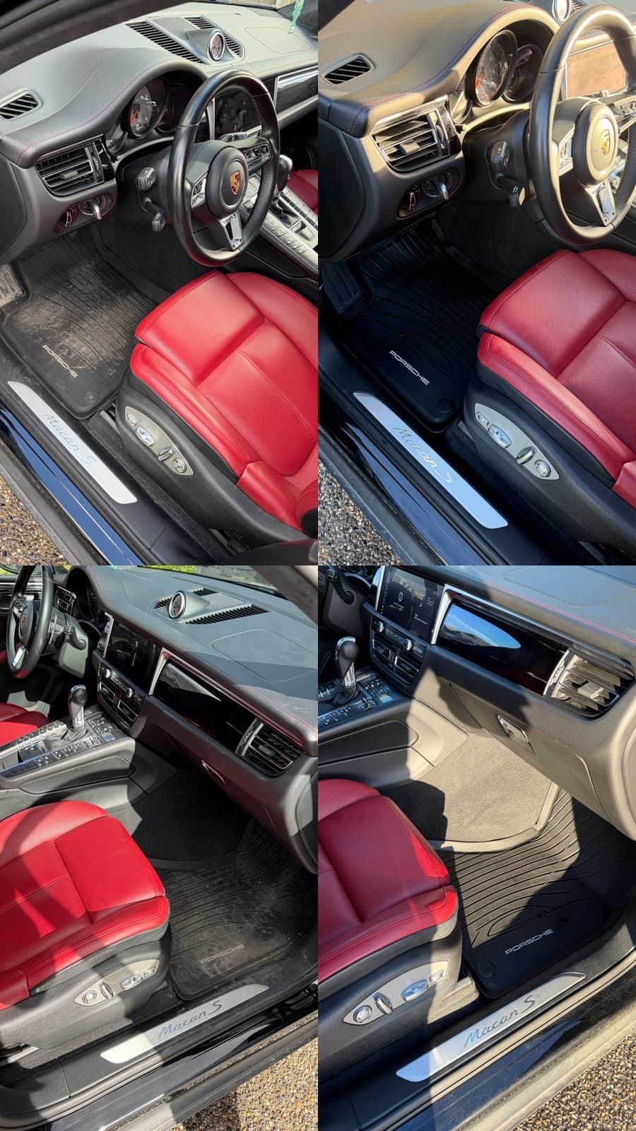 Porsche Macan S before and after: dusty black mats and red leather cleaned front to back
