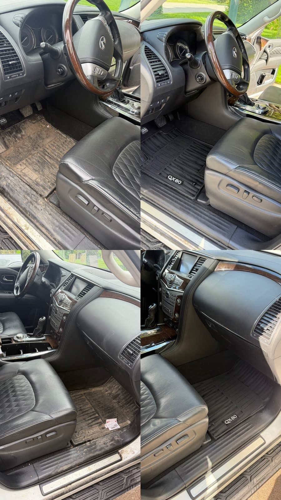 Infiniti QX80 before and after: filthy footwells and door sills restored to clean mats and wiped trim